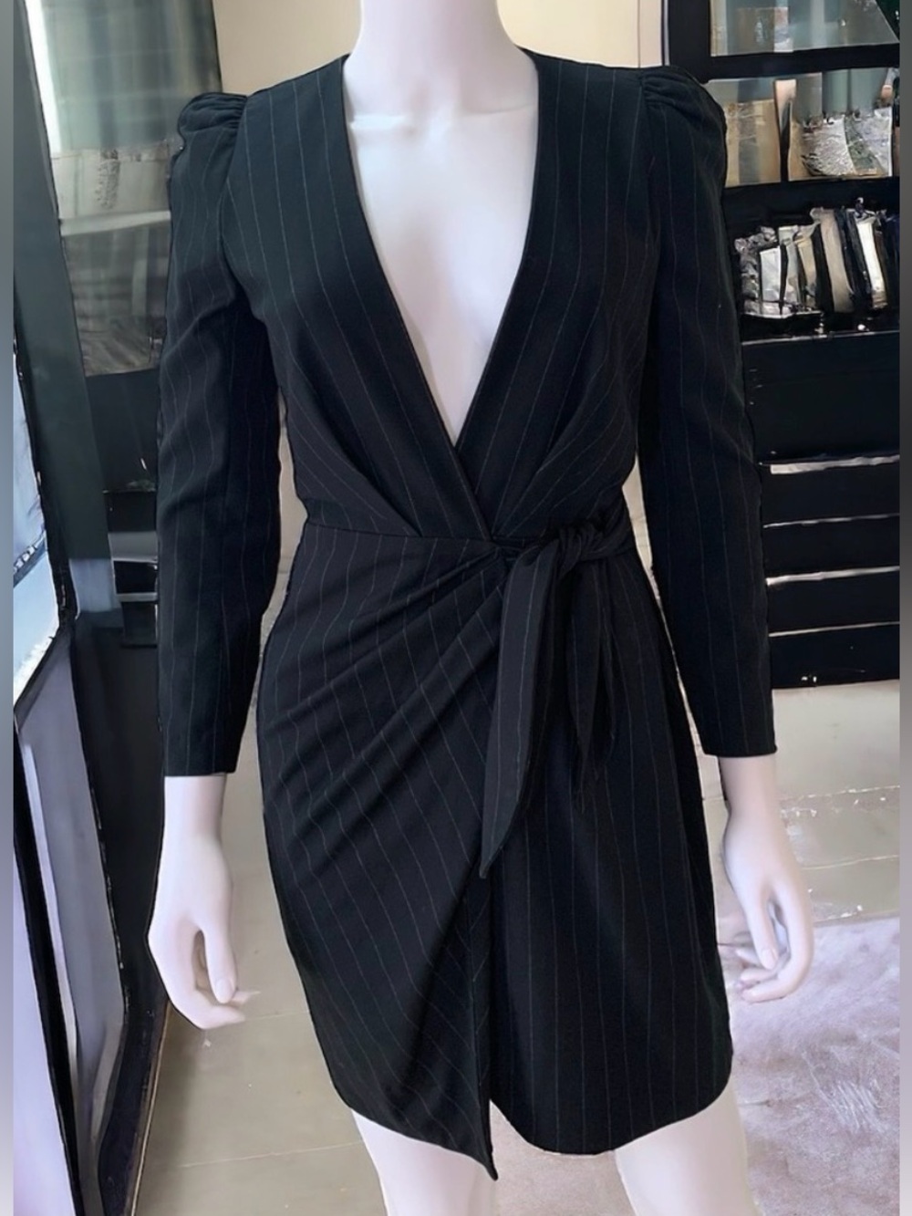 ba&sh Sophisticated Navy Pinstripe Wrap Dress